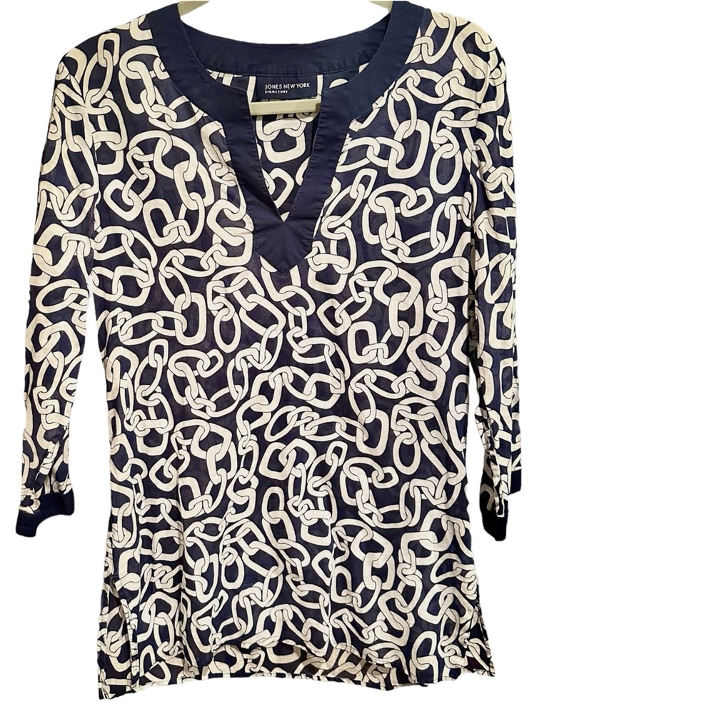 Jones New York Navy Blue & White Semi-Sheer Chain Link Tunic Top Size M
